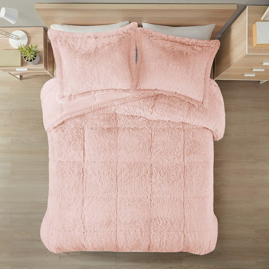 Full/Queen Pink Blush Soft Sherpa Faux Fur 3-Piece Comforter Set-0