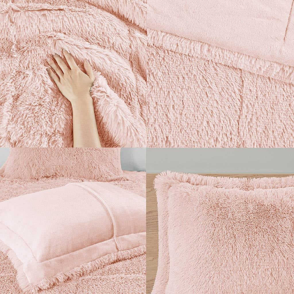 Full/Queen Pink Blush Soft Sherpa Faux Fur 3-Piece Comforter Set-1