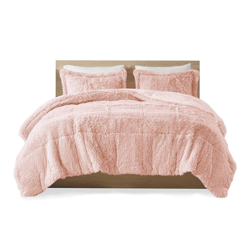 Full/Queen Pink Blush Soft Sherpa Faux Fur 3-Piece Comforter Set-2