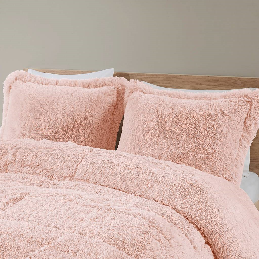 Full/Queen Pink Blush Soft Sherpa Faux Fur 3-Piece Comforter Set-3