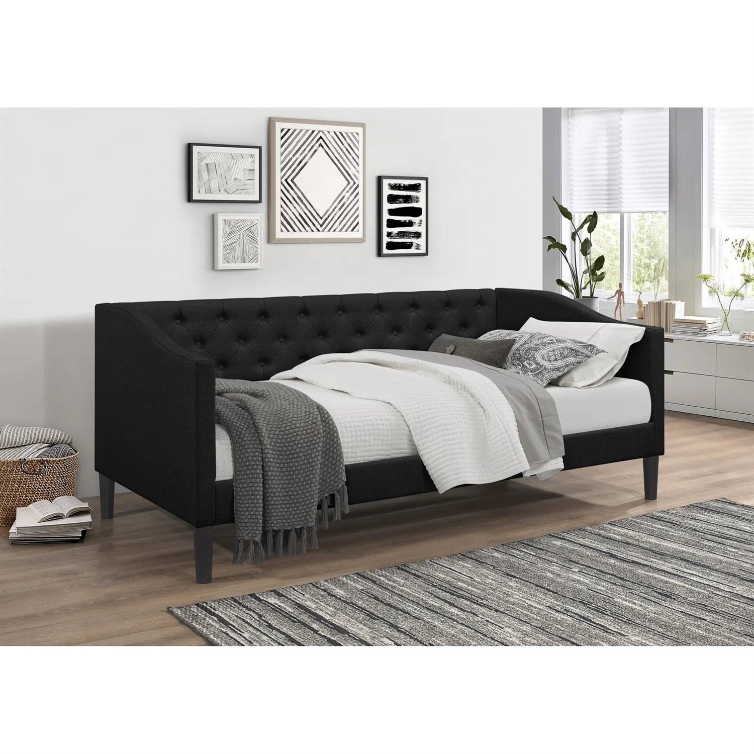 Twin size Modern Black Fabric Upholstered Button-Tufted Daybed-2