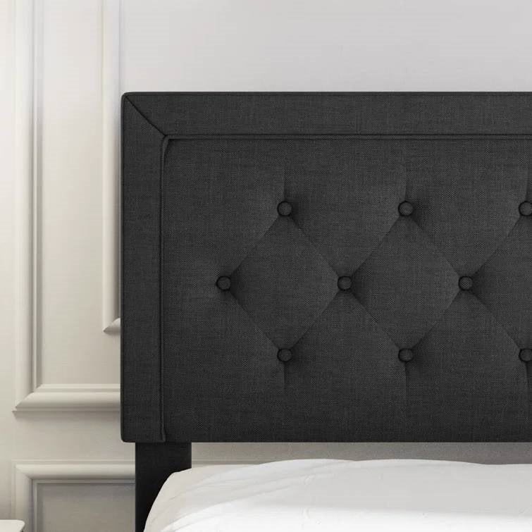 Queen Black Linen Upholstered Platform Bed Frame with Button-Tufted Headboard-3