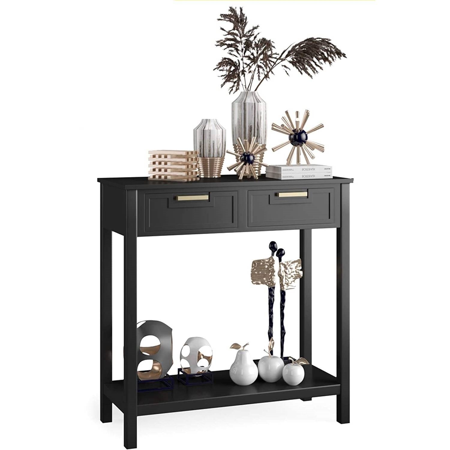 Modern Entryway Accent 2 Drawer Sofa Side Table Black-1