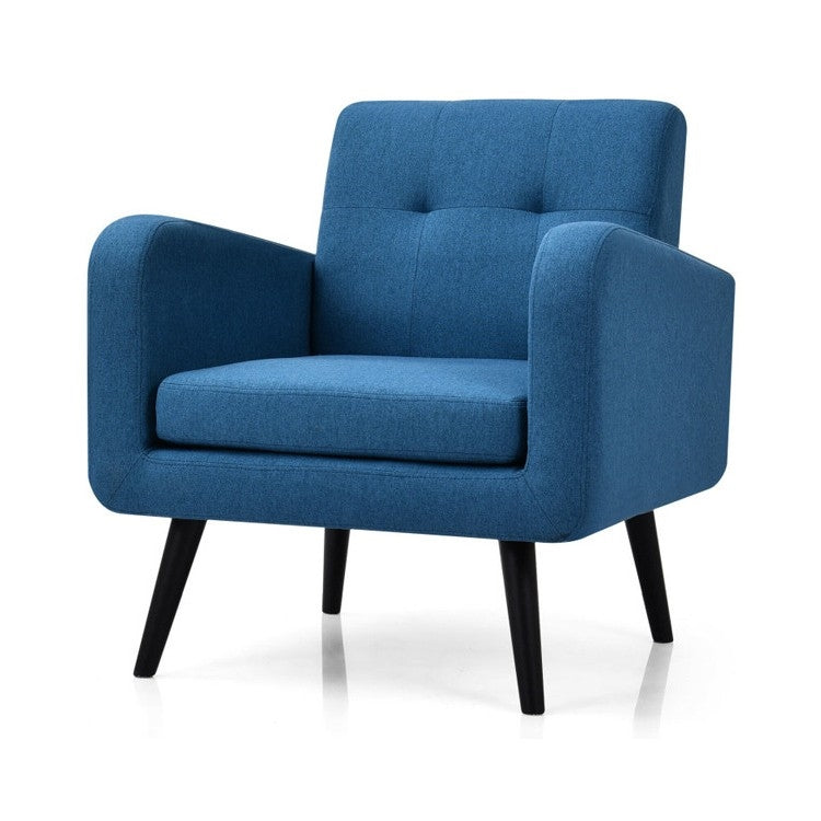 Mid-Century Modern Blue Linen Upholstered Accent Chair with Wooden Legs-0