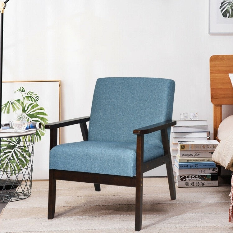 Retro Modern Classic Blue Linen Wide Accent Chair with Espresso Wood Frame-1