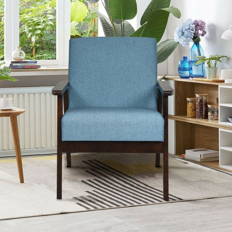 Retro Modern Classic Blue Linen Wide Accent Chair with Espresso Wood Frame-2