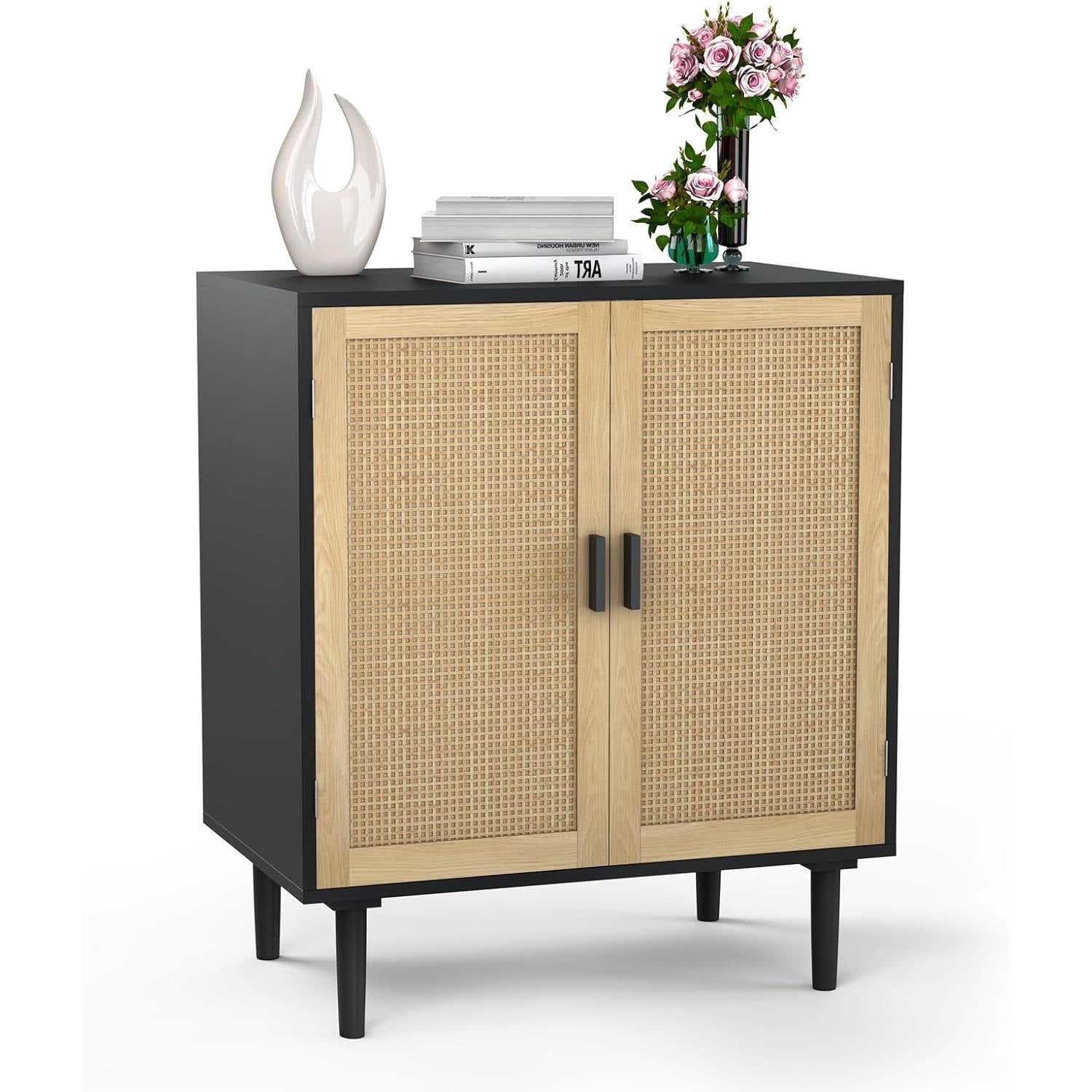 Mid-Century Modern Rattan Sideboard Table Buffet Cabinet in Black Wood Finish-0