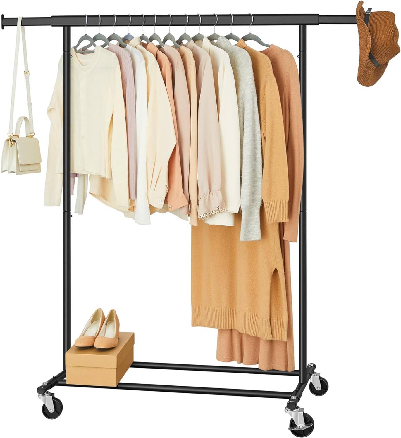 Heavy Duty Black Metal Garment Rack Clothes Hanging Bar on Lockable Wheels-0