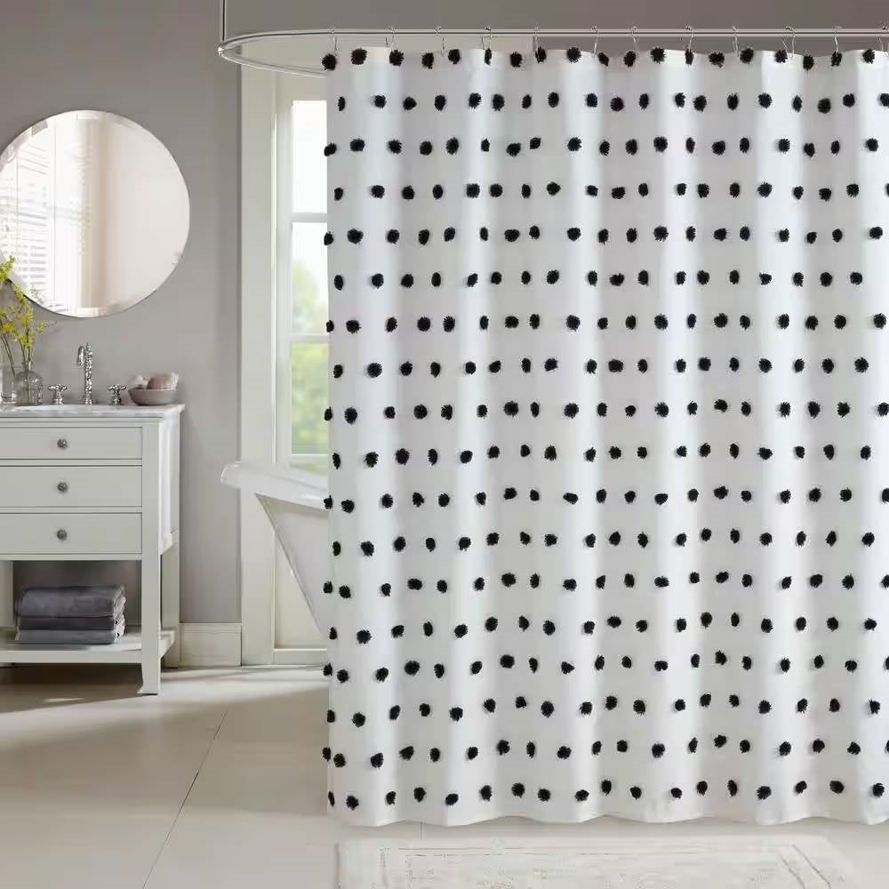 72-inch White Polyester Fabric Shower Curtain with Black Pom Pom Polka Dots-0