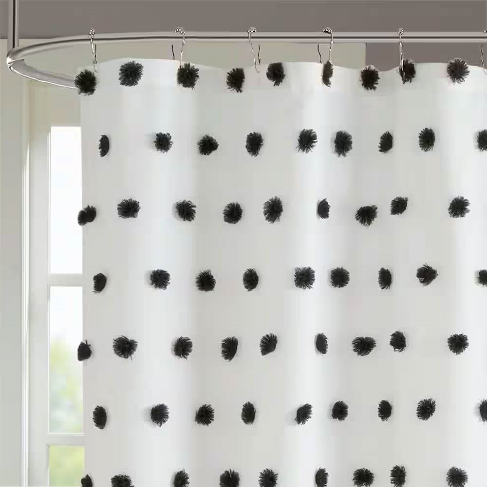 72-inch White Polyester Fabric Shower Curtain with Black Pom Pom Polka Dots-2