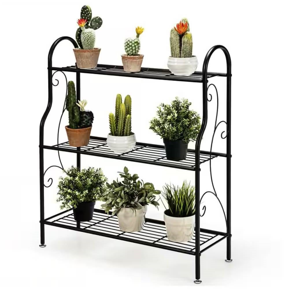 Indoor/Outdoor Black Metal 3-Tier Bookcase Plant Stand Shelving Rack-0