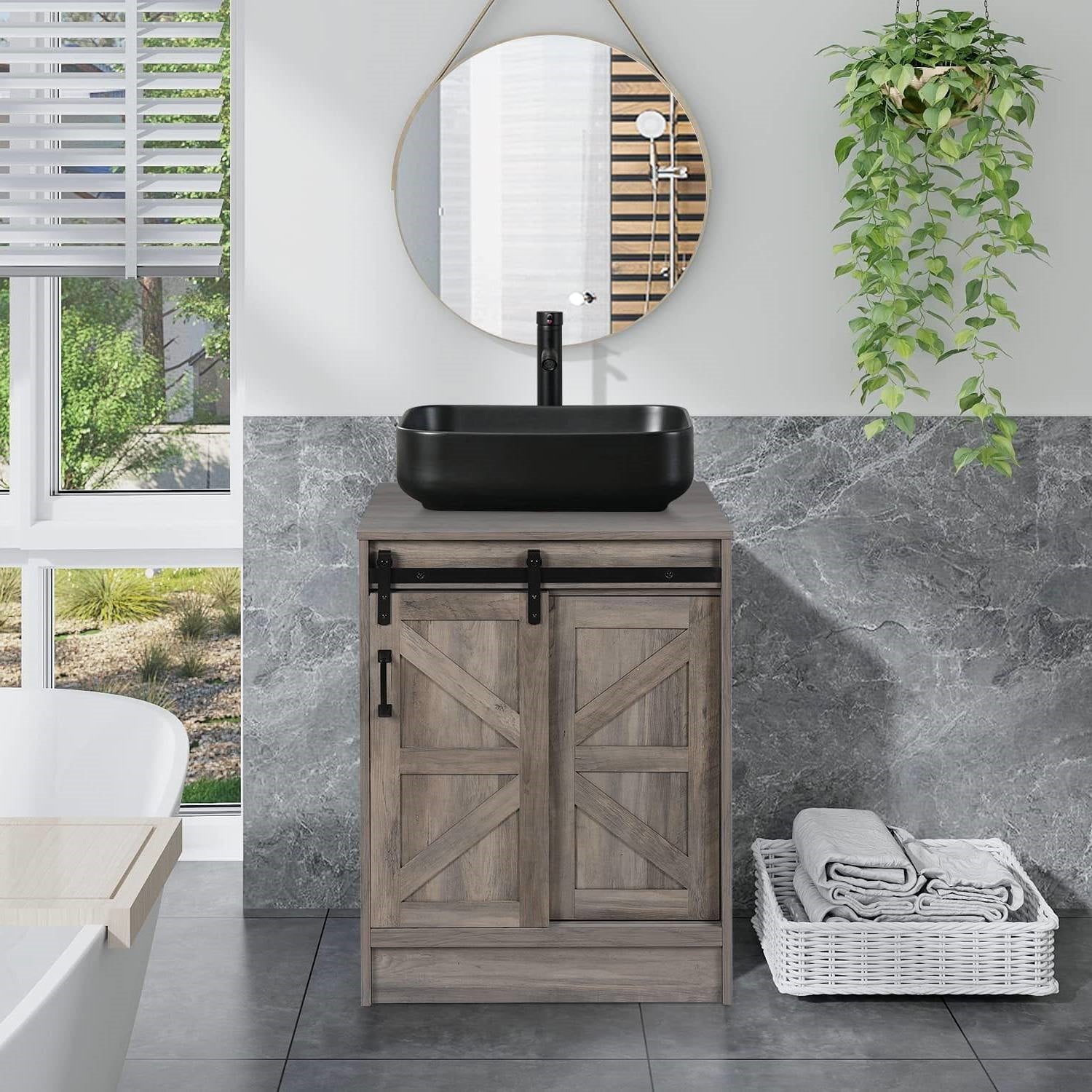 Modern Farmhouse Bathroom Vanity w/ Barn Wood Sliding Door / Black Ceramic Sink-0