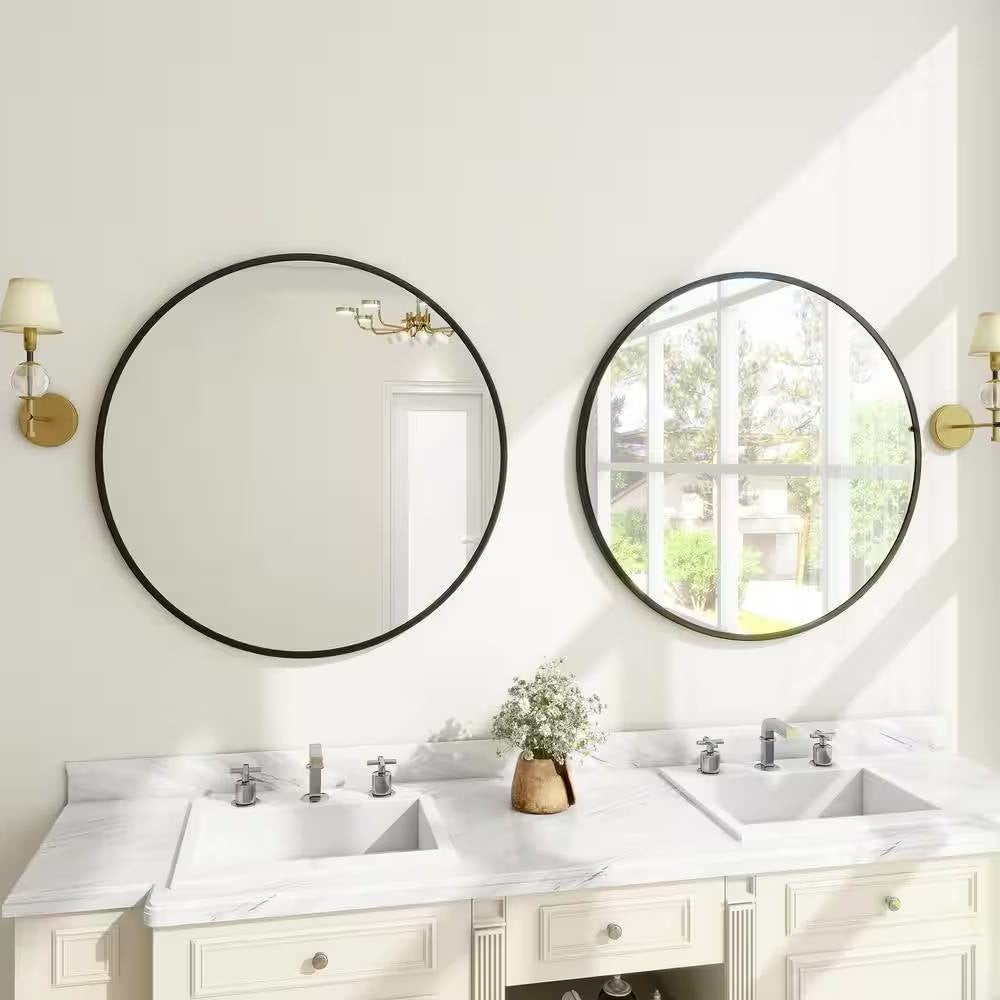 Round 24-inch Circular Bathroom Wall Mirror with Black Frame-1