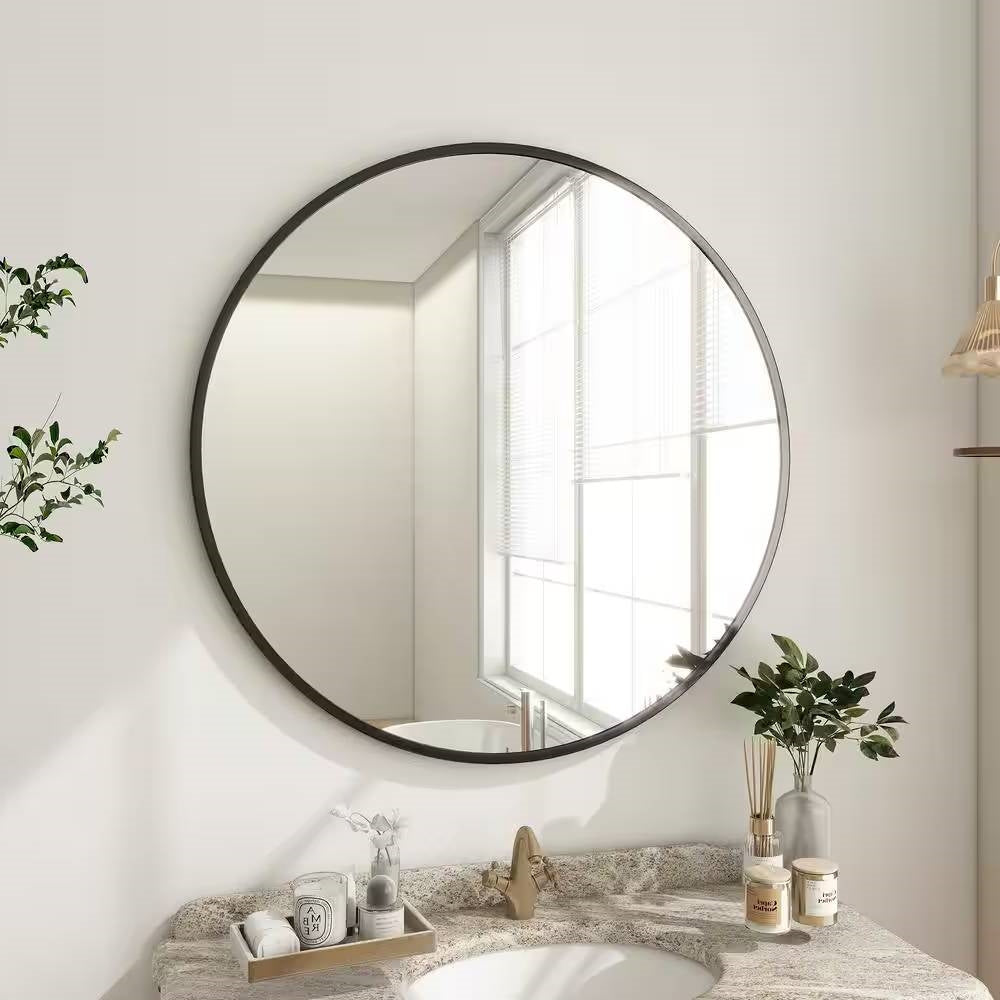 Round 24-inch Circular Bathroom Wall Mirror with Black Frame-2