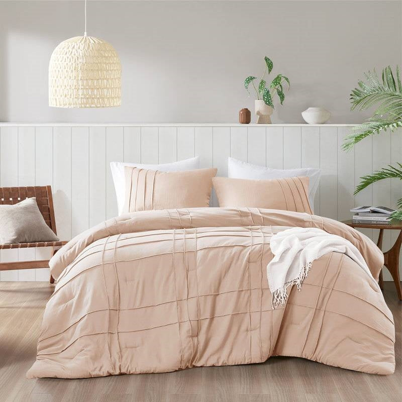 King Size Microfiber Pleated Soft Washed Comforter Set Pink Blush Color-0