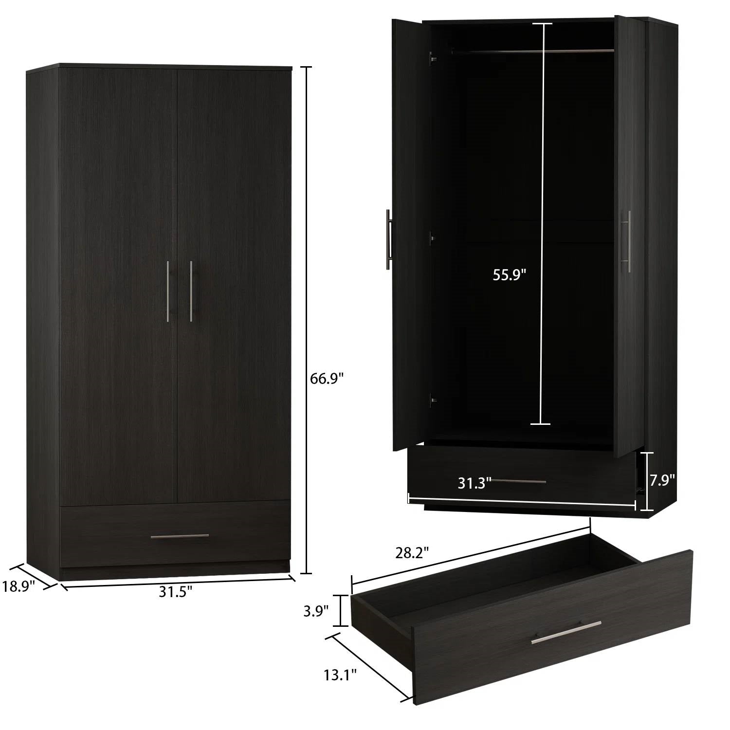 Modern Armoire Wardrobe Closet Cabinet with Storage Drawer in Black Wood Finish-4