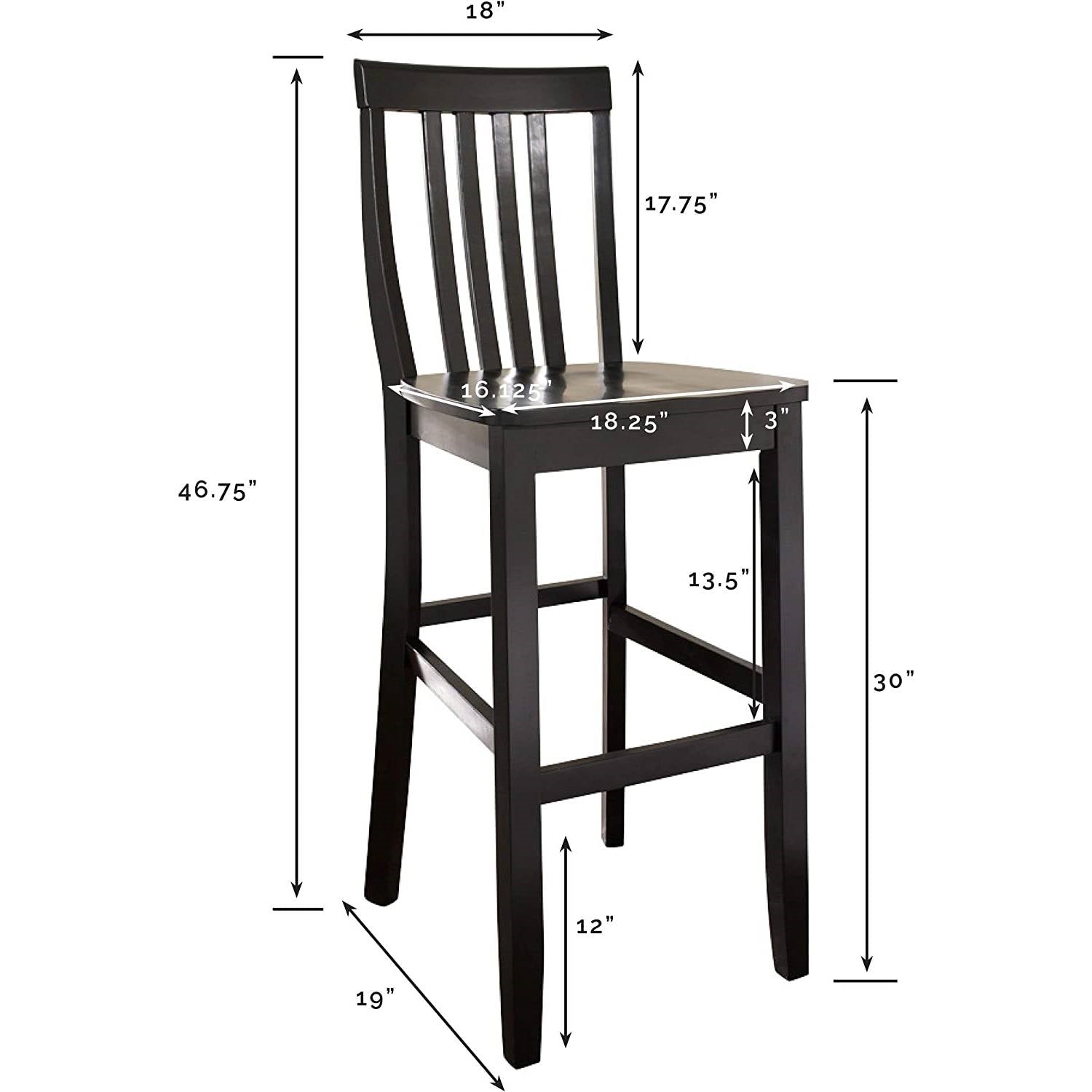 Set of 2 - Solid Hardwood 30-inch Bar Stool in Black Wood Finish-3