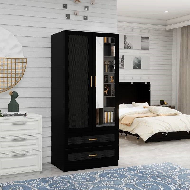 Black Wardrobe Armoire Cabinet with Mirror Hanging Rod and Storage Drawers-2
