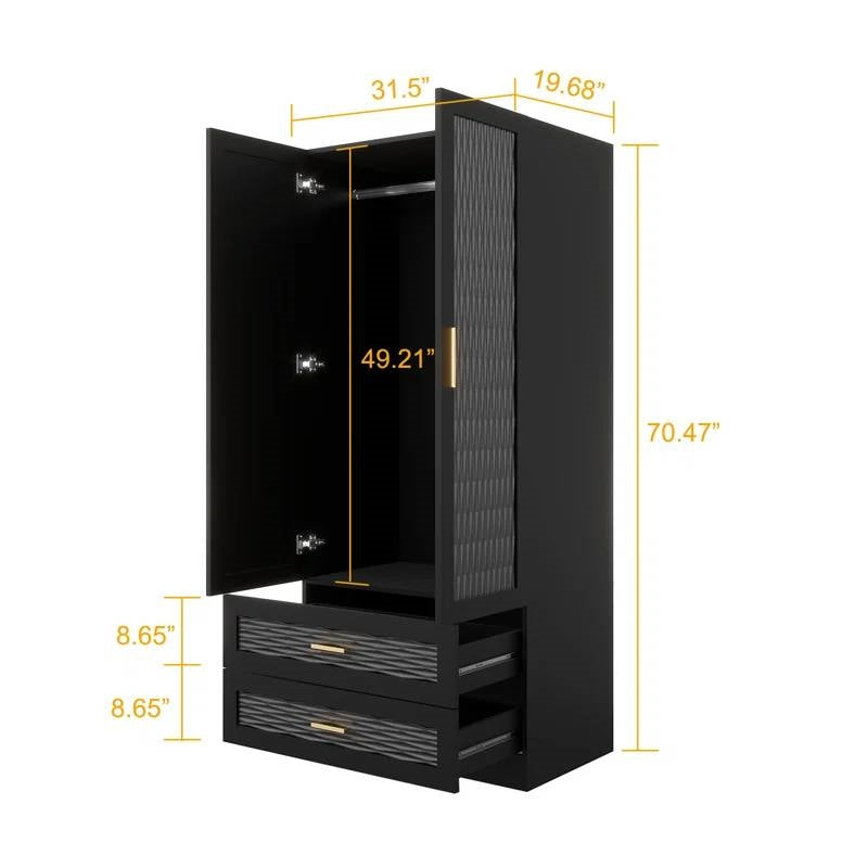 Black Wardrobe Armoire Cabinet with Mirror Hanging Rod and Storage Drawers-4