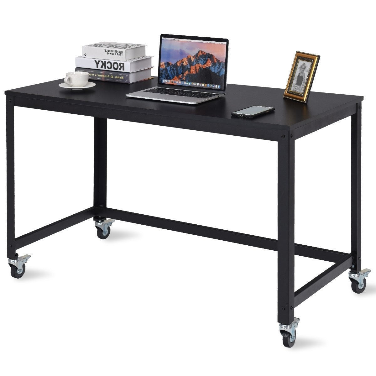 Mobile Steel Frame Laptop Computer Desk with Black Wood Top and Locking Casters-0