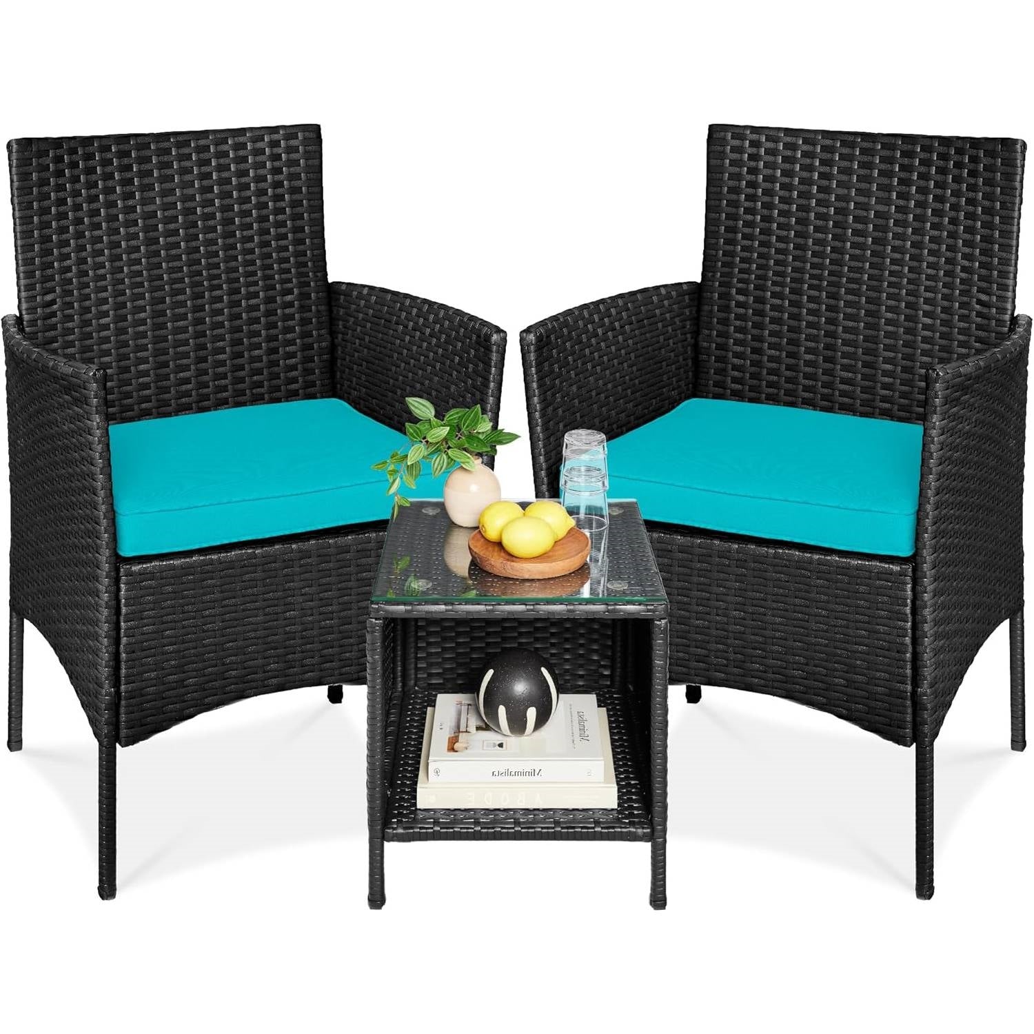 3-Piece Black PE Wicker Outdoor Dining Patio Furniture Set w/ Teal Blue Cushions-0