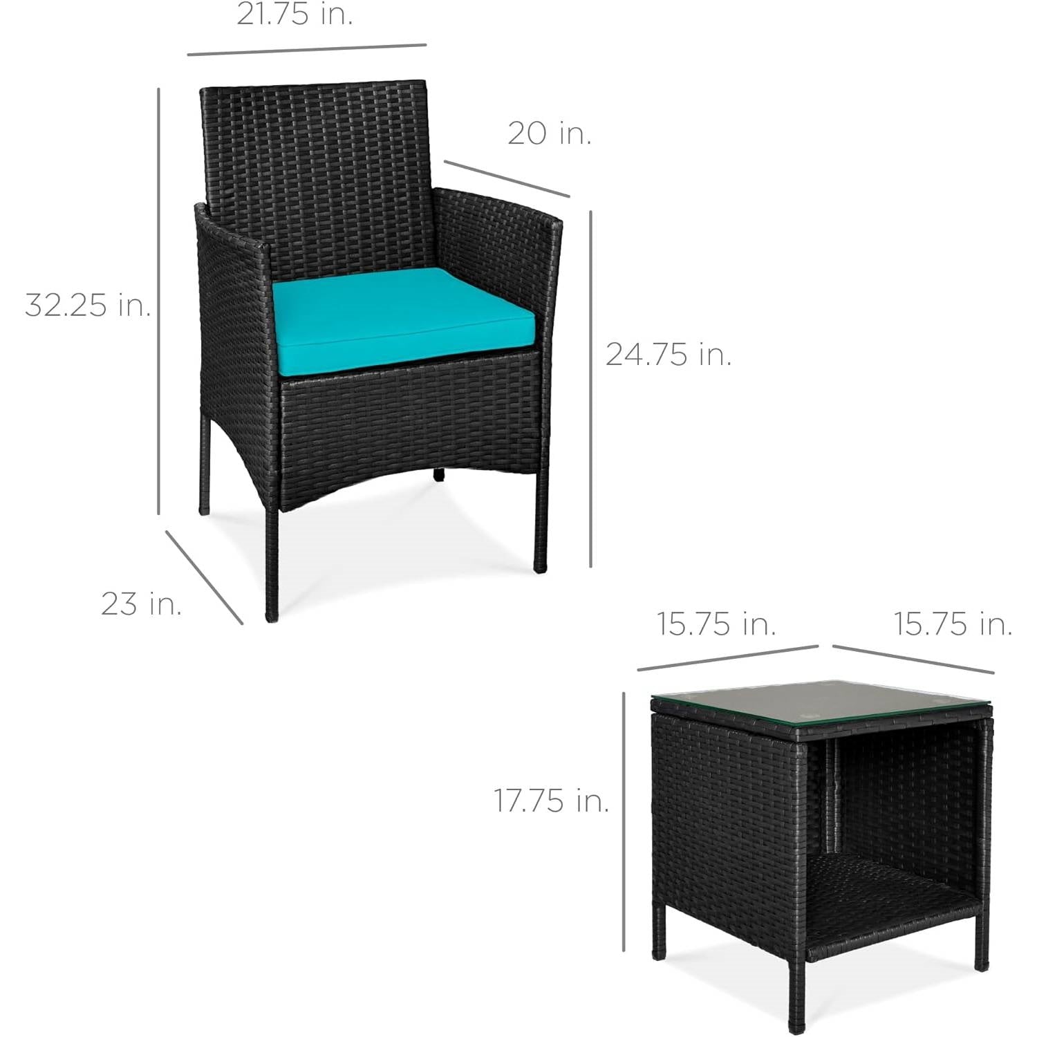 3-Piece Black PE Wicker Outdoor Dining Patio Furniture Set w/ Teal Blue Cushions-4