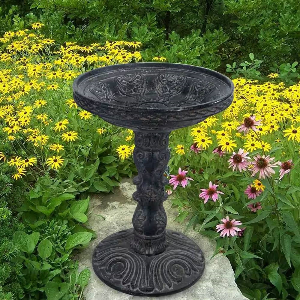 Outdoor Garden Fiberglass Bird Bath in Black Charcoal Stone Finish-0