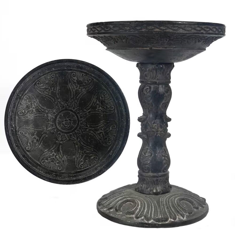 Outdoor Garden Fiberglass Bird Bath in Black Charcoal Stone Finish-1