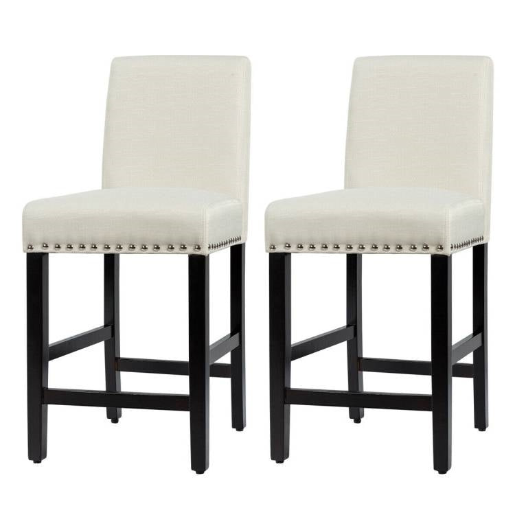 Set of 2 Modern Kitchen Dining Barstools w/ Black Wood Legs and Beige Linen Seat-0