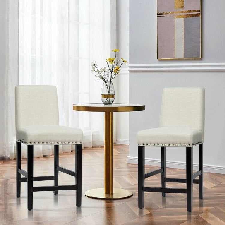 Set of 2 Modern Kitchen Dining Barstools w/ Black Wood Legs and Beige Linen Seat-1