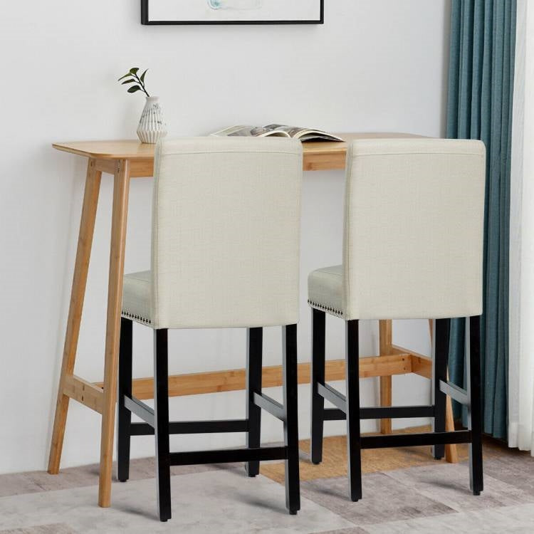 Set of 2 Modern Kitchen Dining Barstools w/ Black Wood Legs and Beige Linen Seat-2