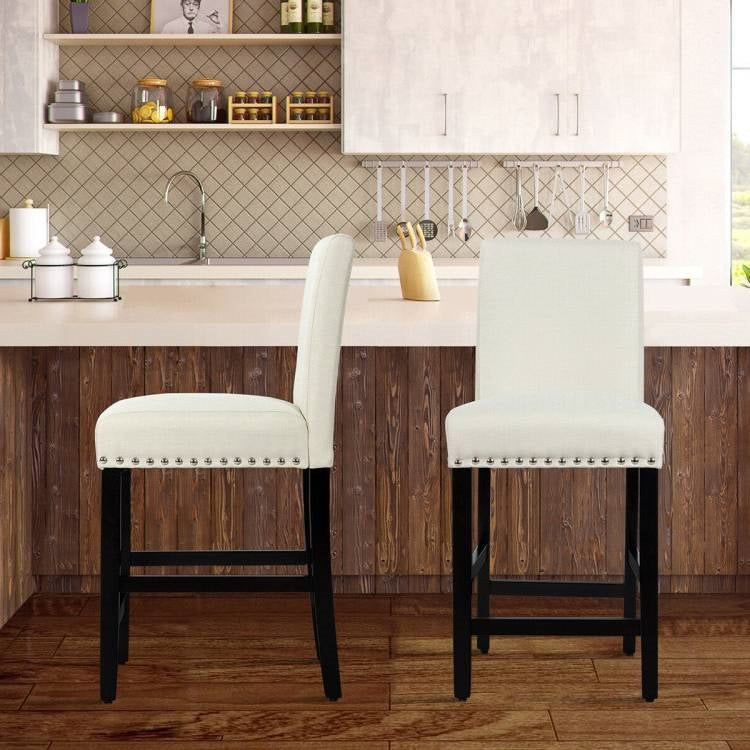 Set of 2 Modern Kitchen Dining Barstools w/ Black Wood Legs and Beige Linen Seat-3