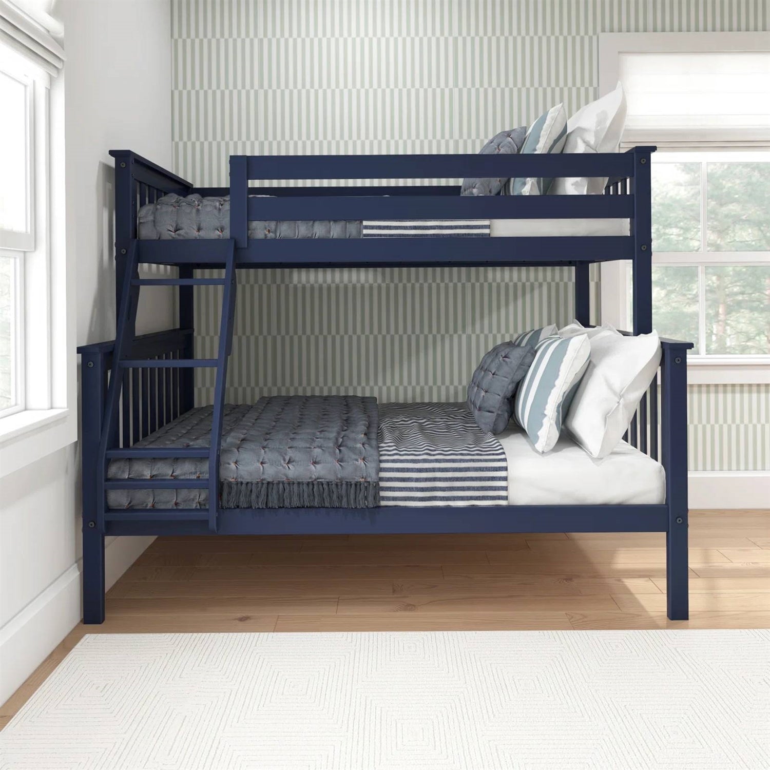 Twin over Full size Solid Wood Bunk Bed in Dark Navy Blue Finish-1