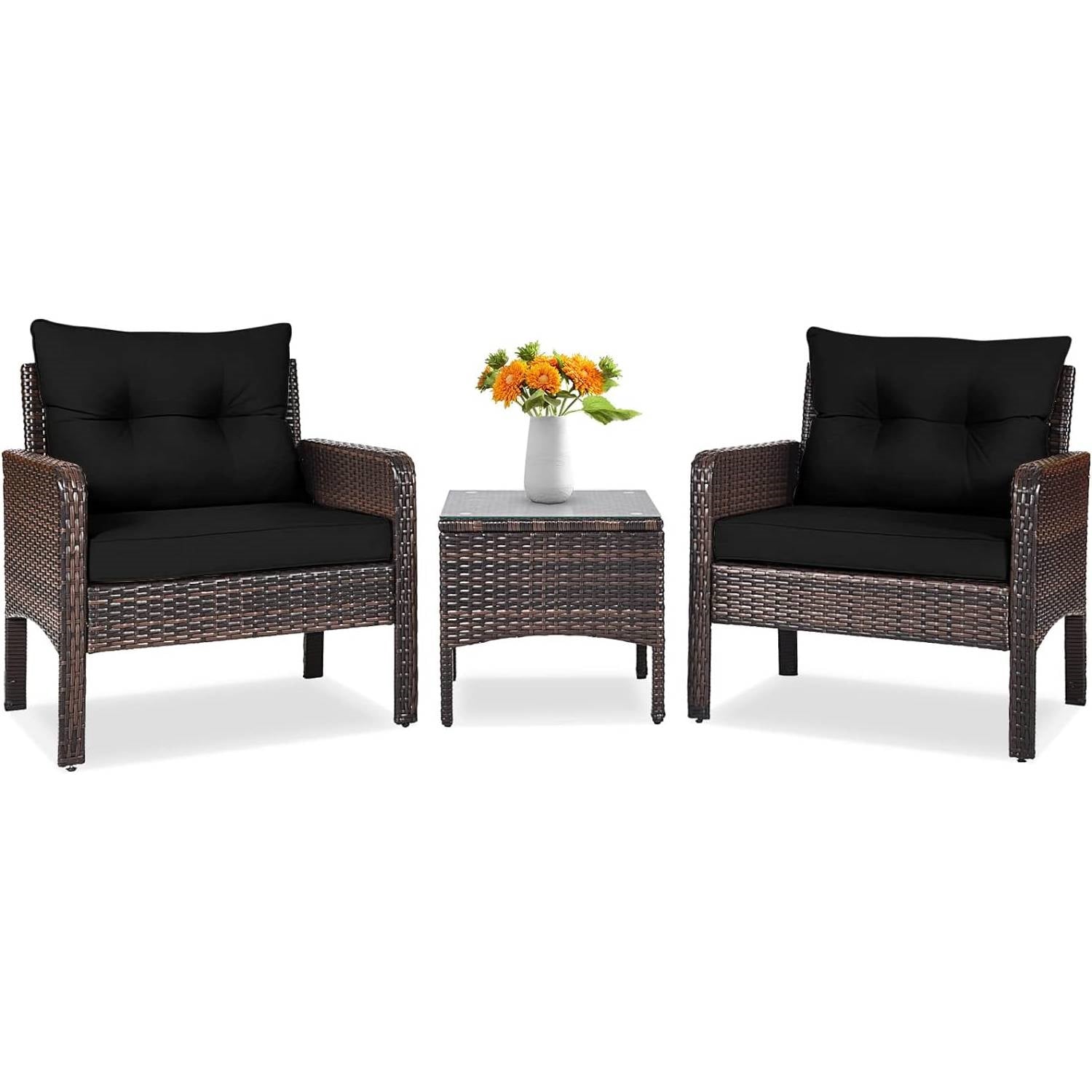 3-Piece Brown PE Rattan Outdoor Dining Patio Furniture Set with Black Cushions-0