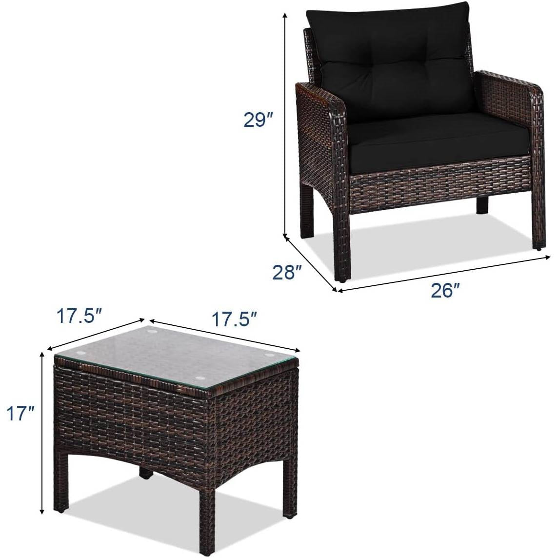 3-Piece Brown PE Rattan Outdoor Dining Patio Furniture Set with Black Cushions-4