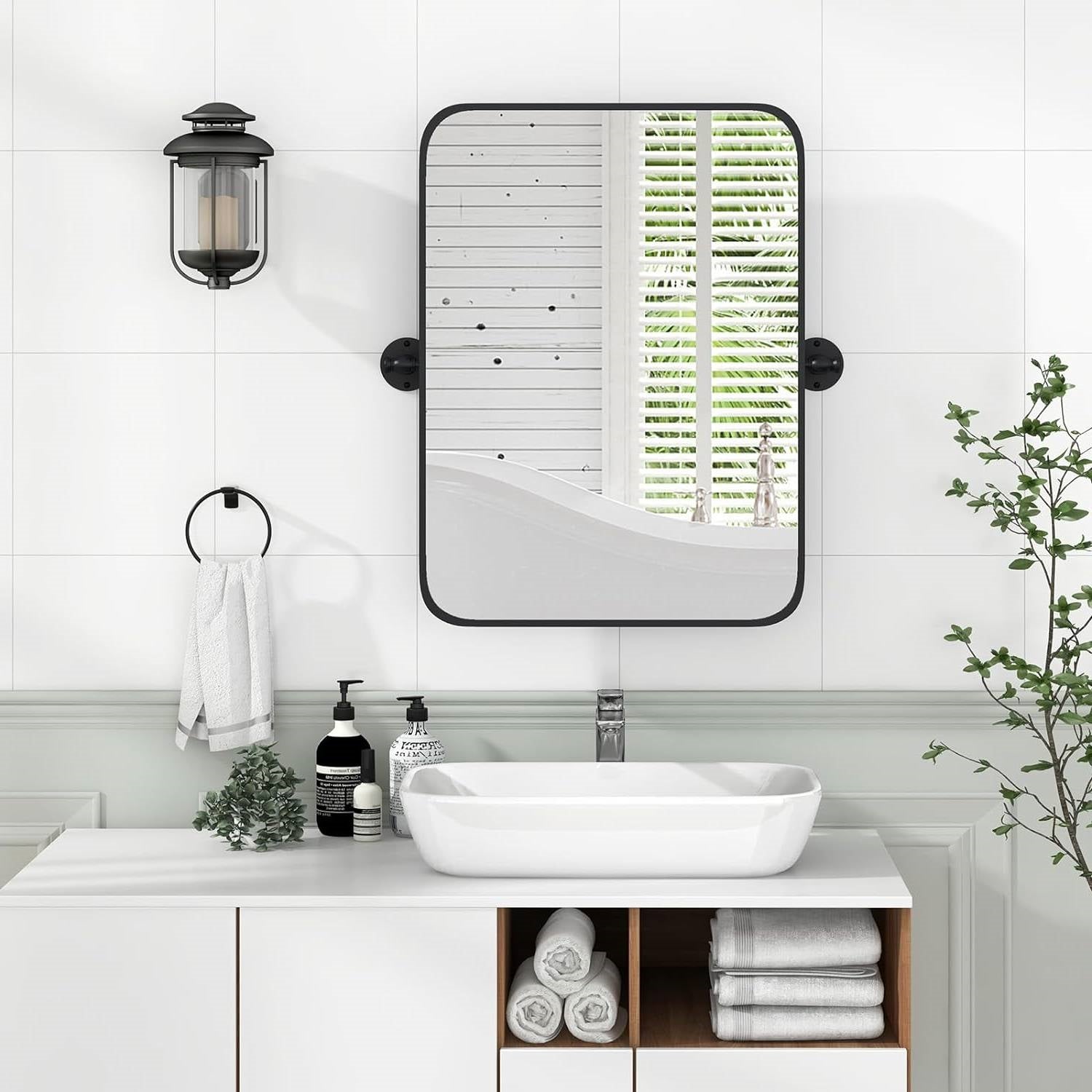 30 x 22 inch Bathroom Wall Mirror with Easy Tilt Pivot and Black Frame-1