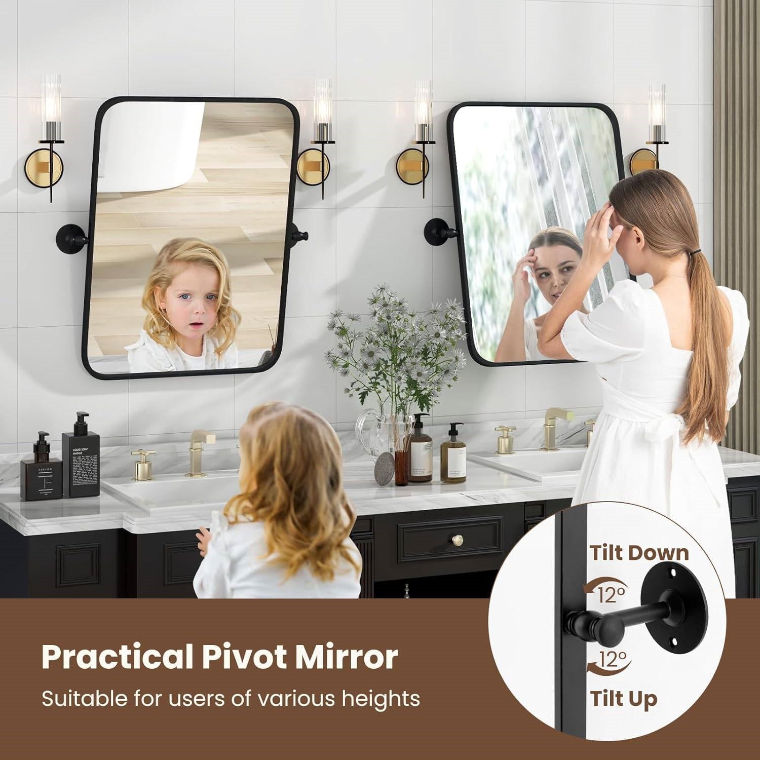 30 x 22 inch Bathroom Wall Mirror with Easy Tilt Pivot and Black Frame-2