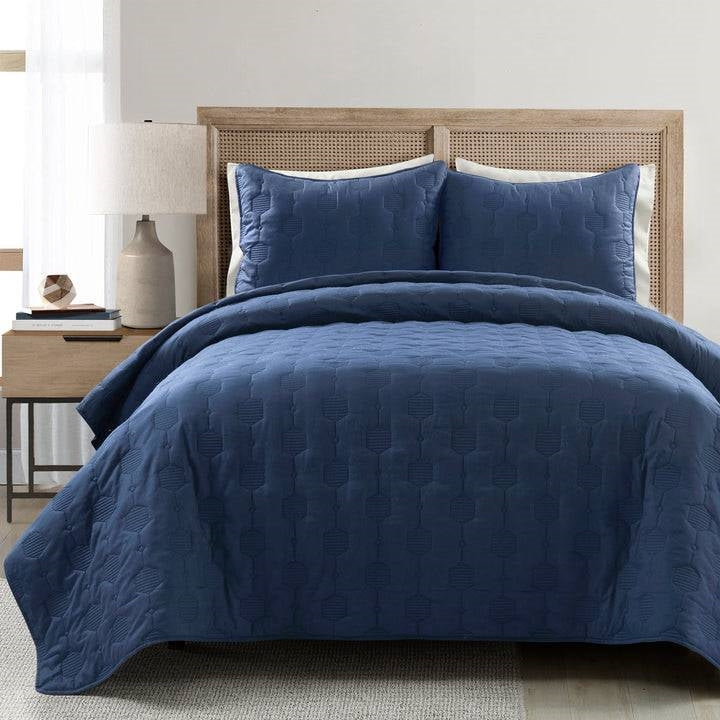 Full/Queen size Lightweight Blue Textured Cotton 3 Piece Quilt Set-0