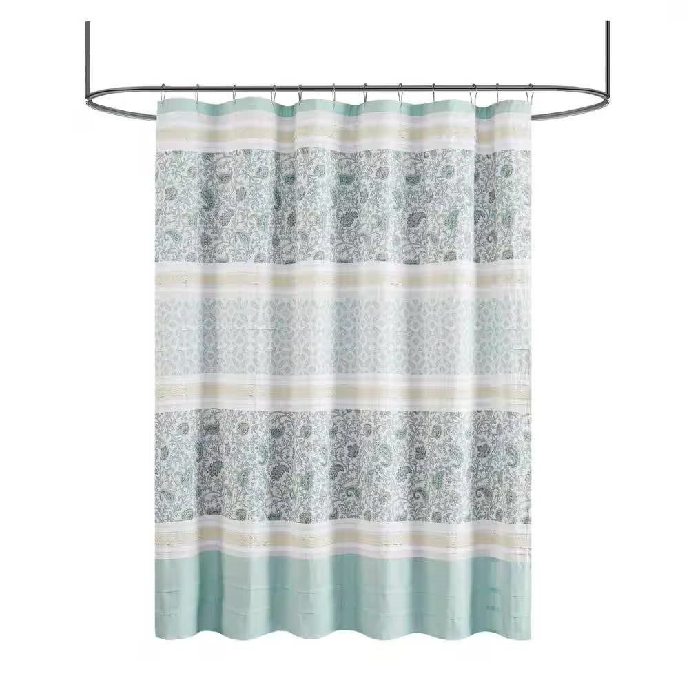 72 x 72-in Cotton Shower Curtain with Teal Blue Grey Cream White Paisley Pattern-1