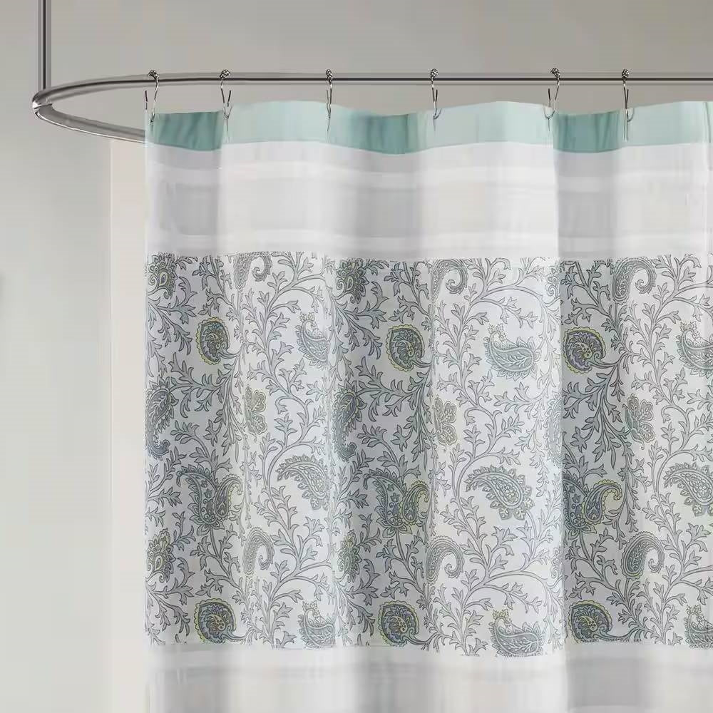 72 x 72-in Cotton Shower Curtain with Teal Blue Grey Cream White Paisley Pattern-3