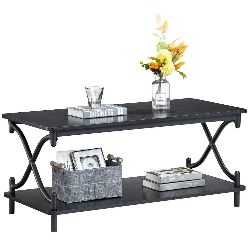 Modern Industrial Black Metal Wood Coffee Table with Bottom Storage Shelf-0
