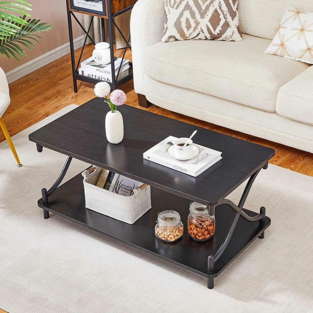 Modern Industrial Black Metal Wood Coffee Table with Bottom Storage Shelf-1