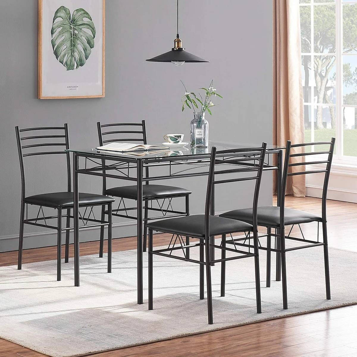 Black 5-Piece Dining Set with Rectangular Glass-Top Table and 4 Chairs-0
