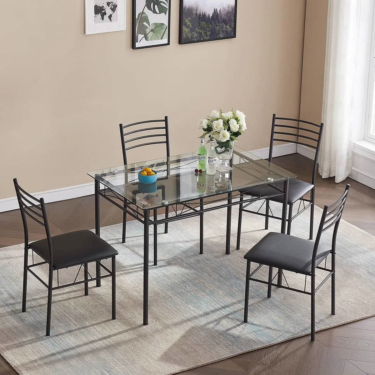 Black 5-Piece Dining Set with Rectangular Glass-Top Table and 4 Chairs-1