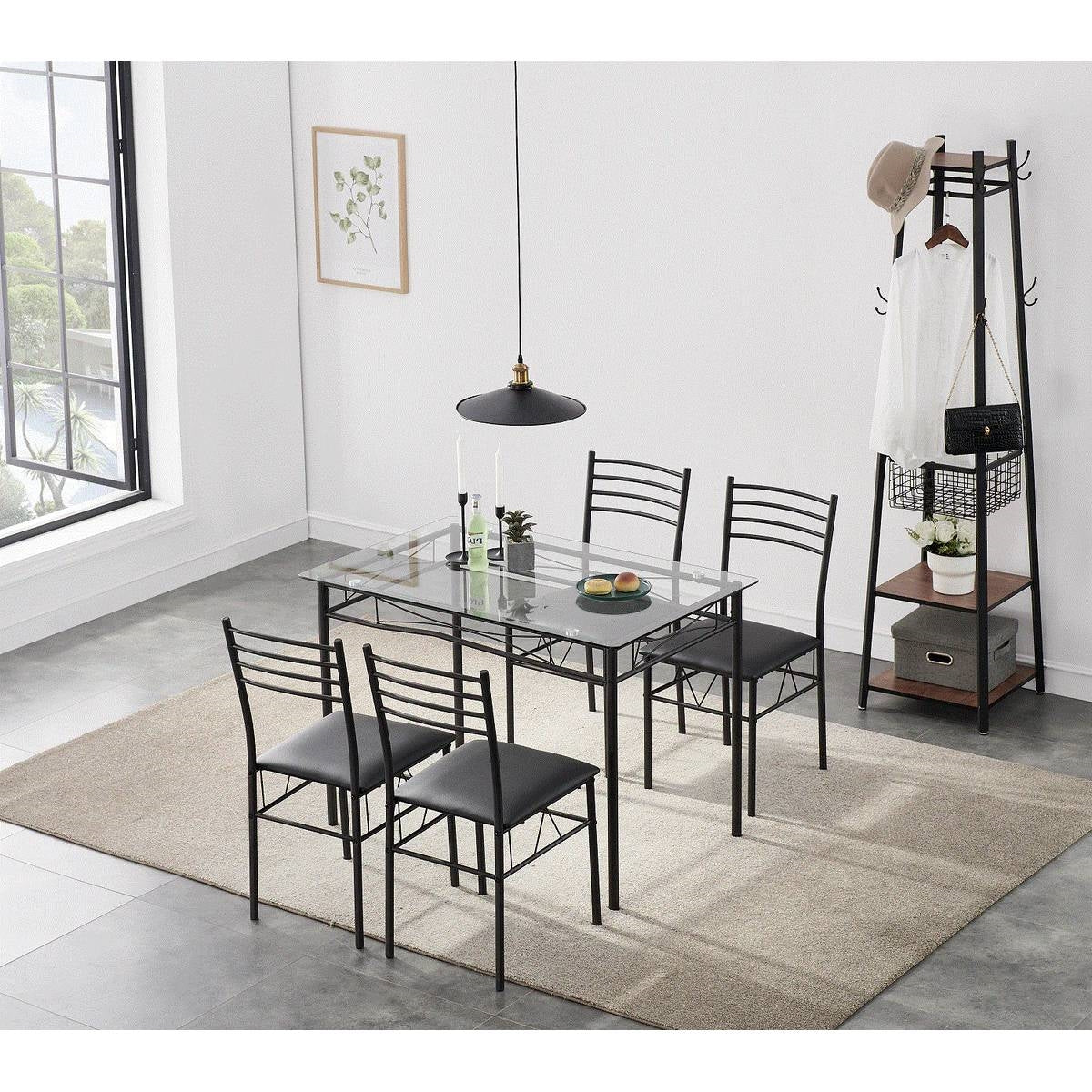 Black 5-Piece Dining Set with Rectangular Glass-Top Table and 4 Chairs-2