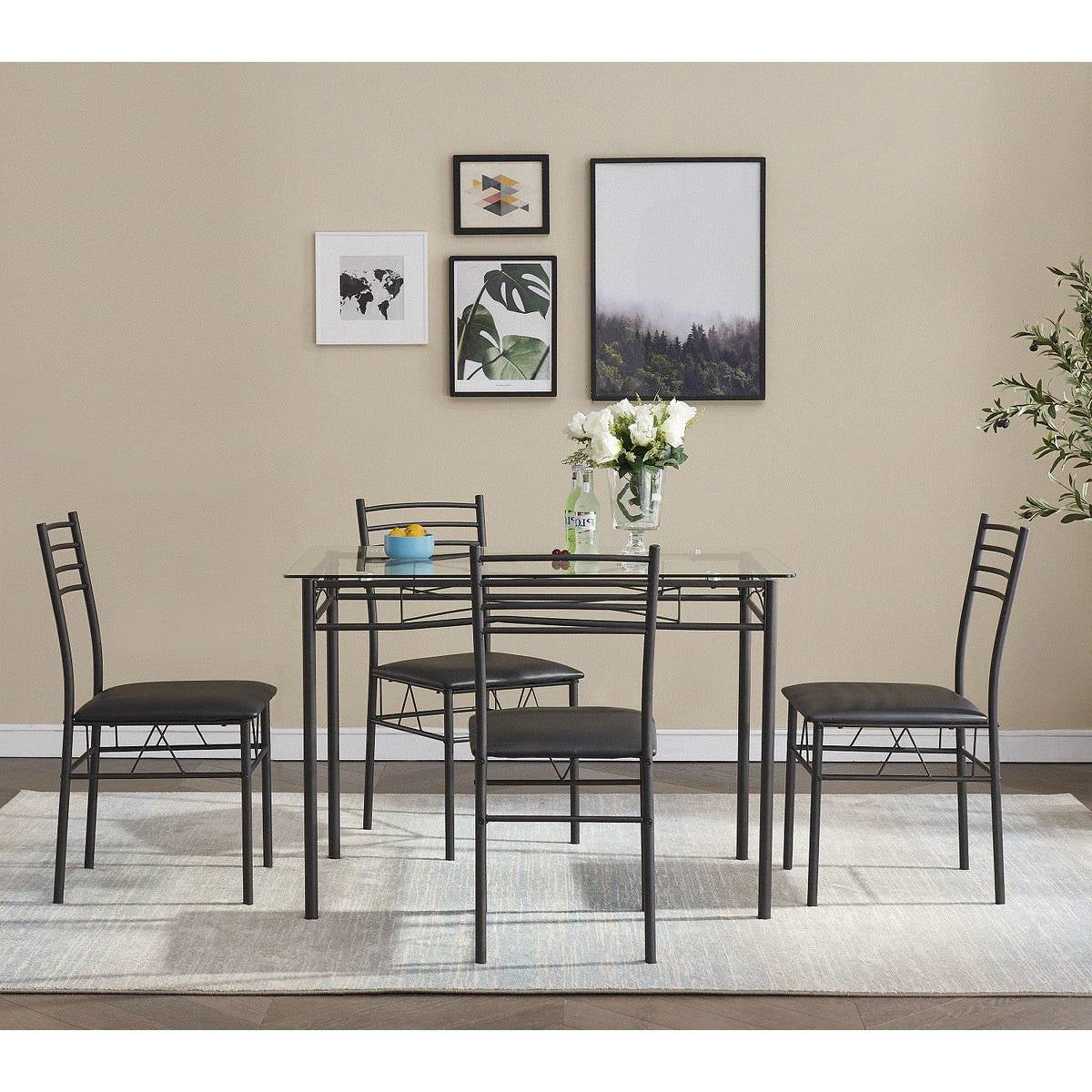 Black 5-Piece Dining Set with Rectangular Glass-Top Table and 4 Chairs-3