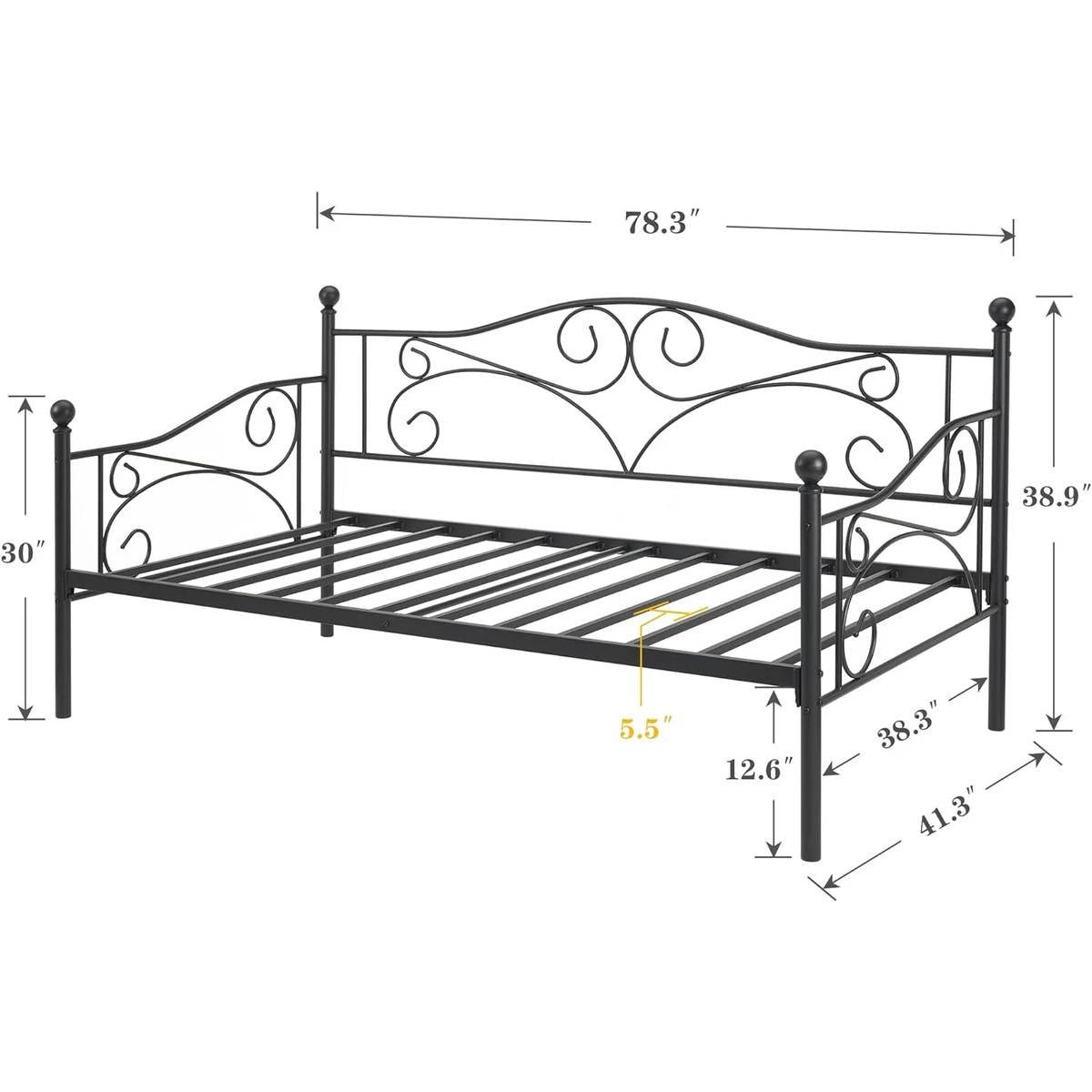 Twin size Classic Heavy Duty Steel Daybed Frame in Black Metal Finish-4