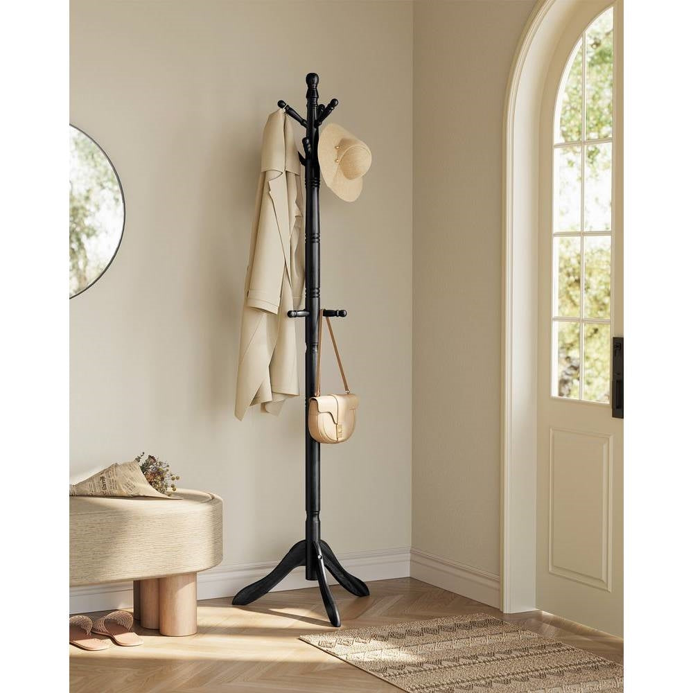 Solid Wood Coat Rack with 10 Hooks in Black Finish-1