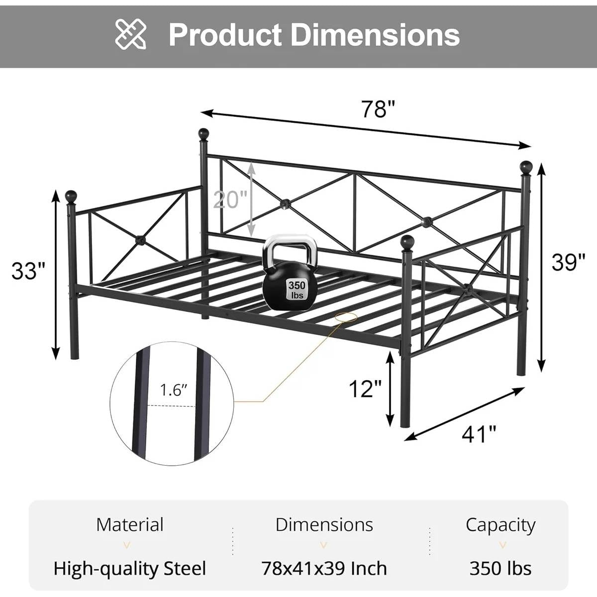 Twin size Classic Heavy Duty Metal Day Bed Frame in Black Finish-4