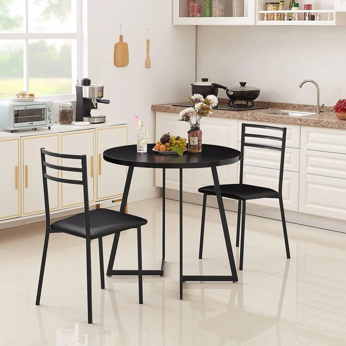Modern 3-Piece Kitchen Dining Set with Round Black Wood-Top Table and 2 Chairs-2